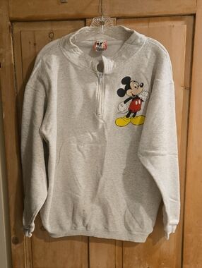 Vintage Disney Mickey Mouse Quarter-Zip Sweatshirt - Light Gray